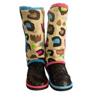 Little mismatched  sequin and animal print tall boots size 6 youth multi‎ color